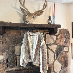 Vintage Le Sweater Women's M Striped Hand Knit Pom Pom Cardigan